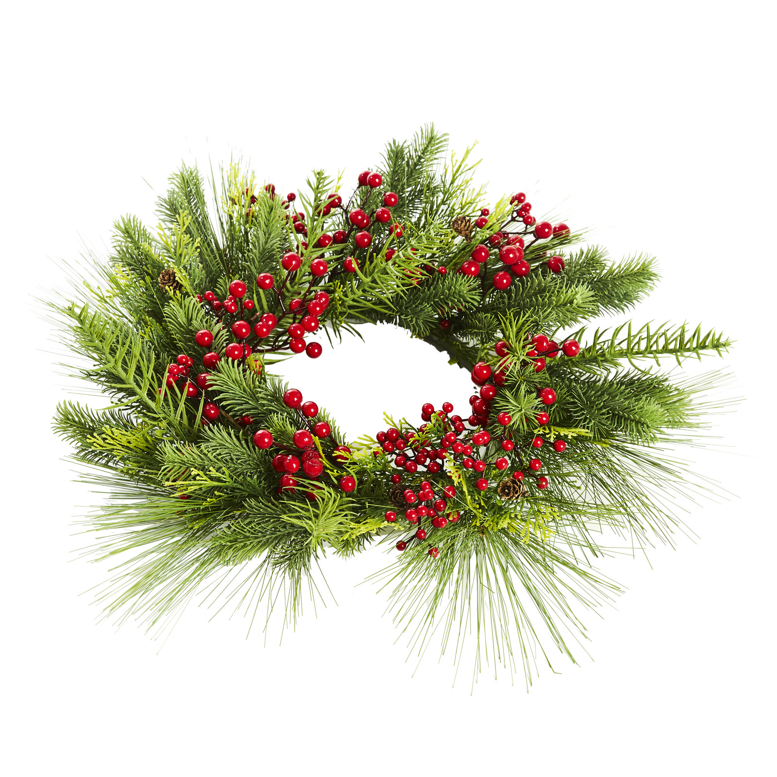 Kunstig julekrans med gran og kogler set skråt