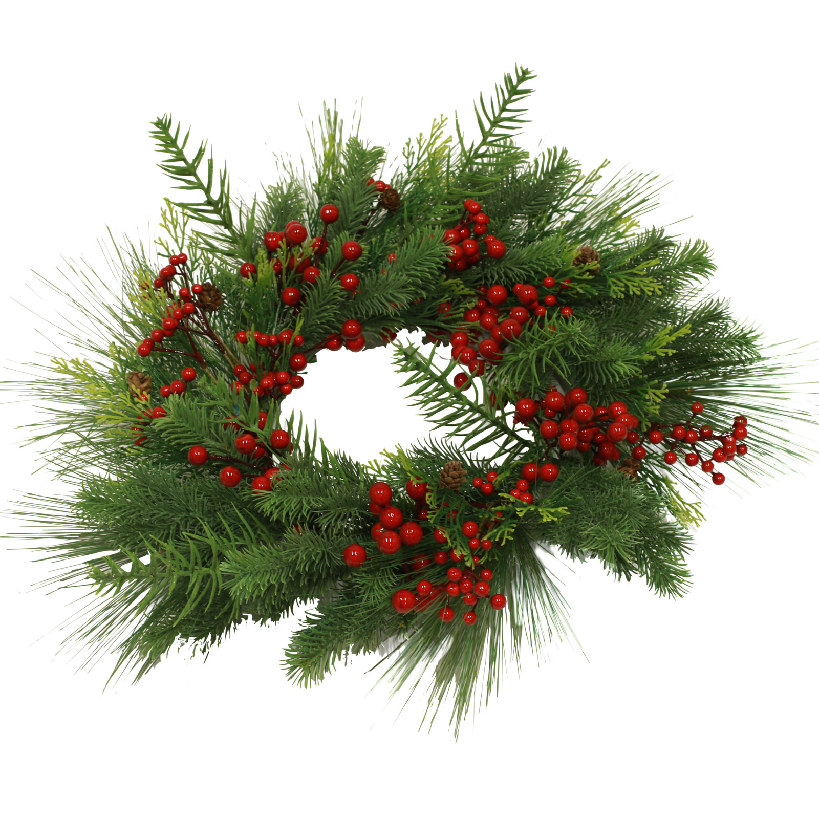 Julekrans med gran, kogler og bær set fra siden
